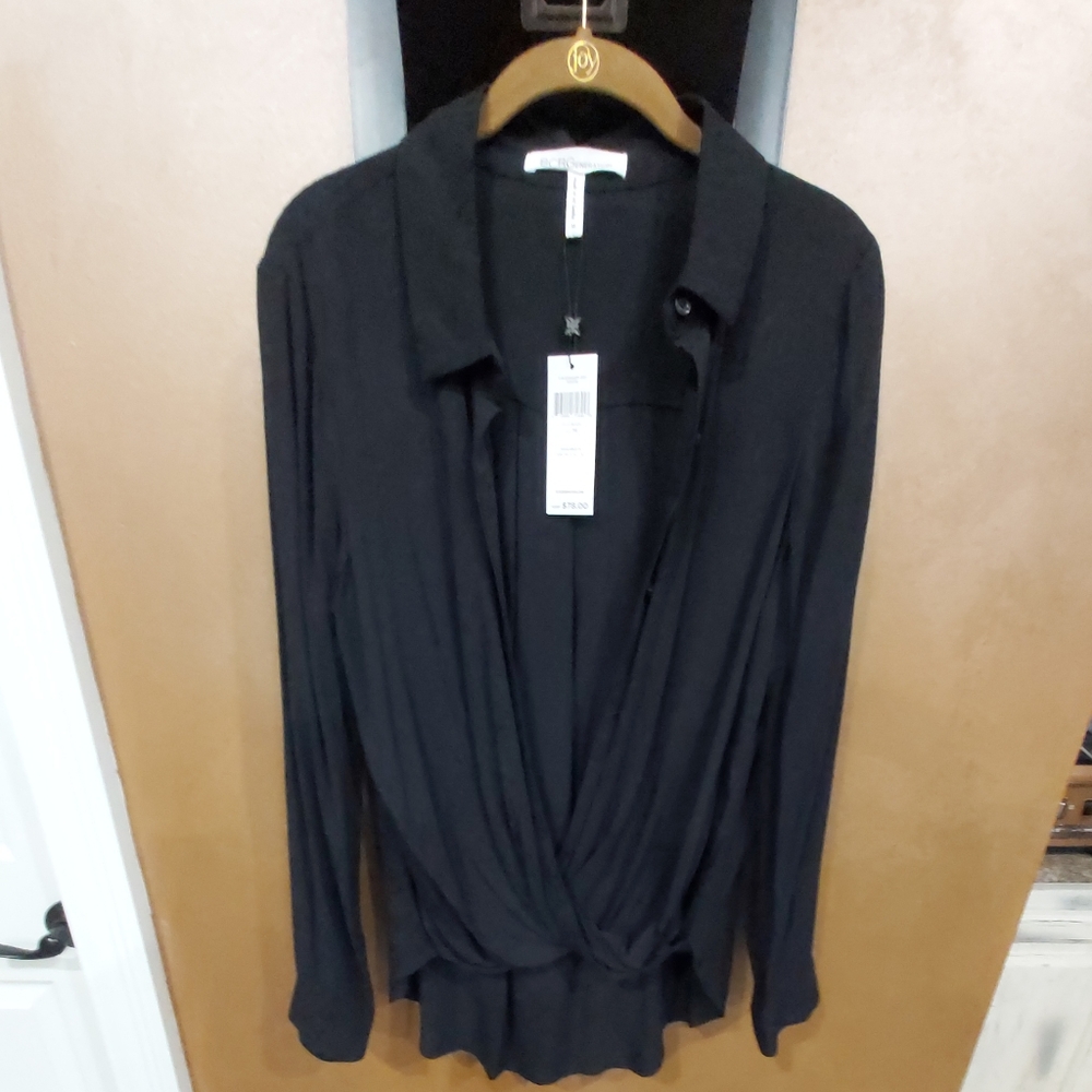 BCBG Generation Black Tunic Length Button Up Blouse Size M